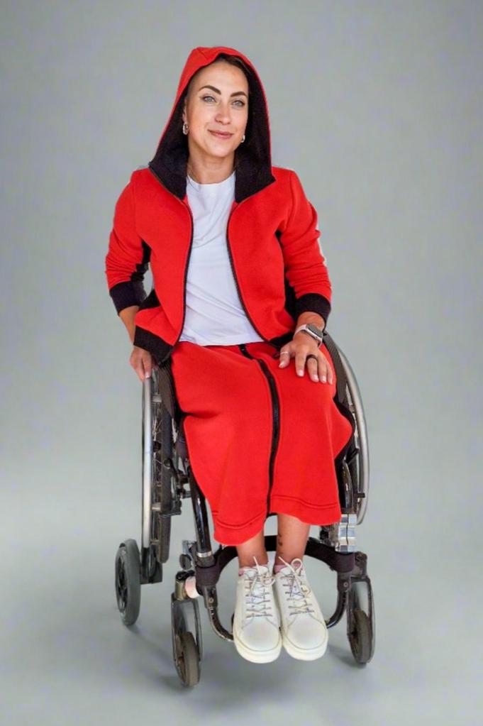 Ladies' wheelchair adaptive jersey skirt with magnetic zipper