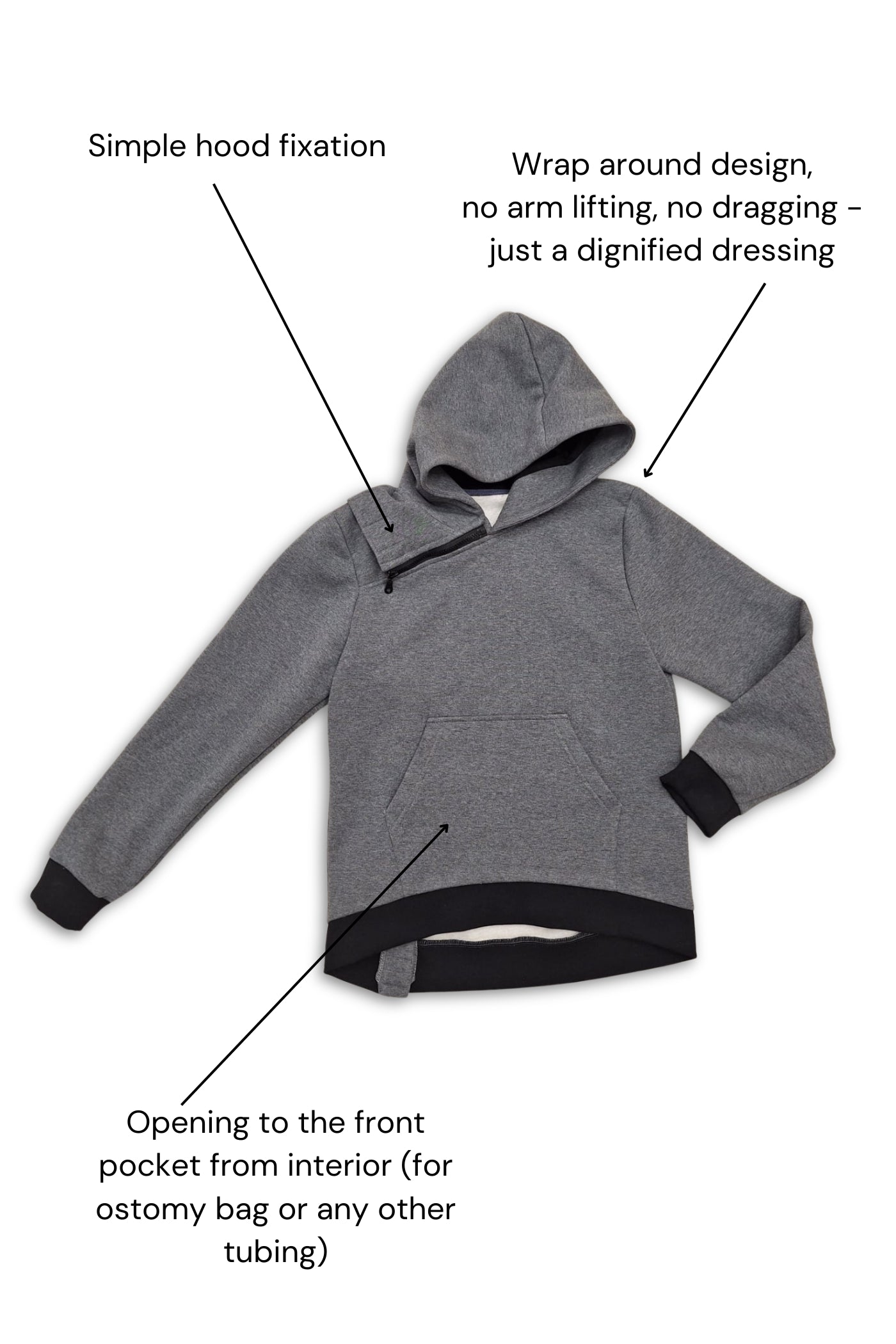 Hoodie for assisted dressing for wheelchair users