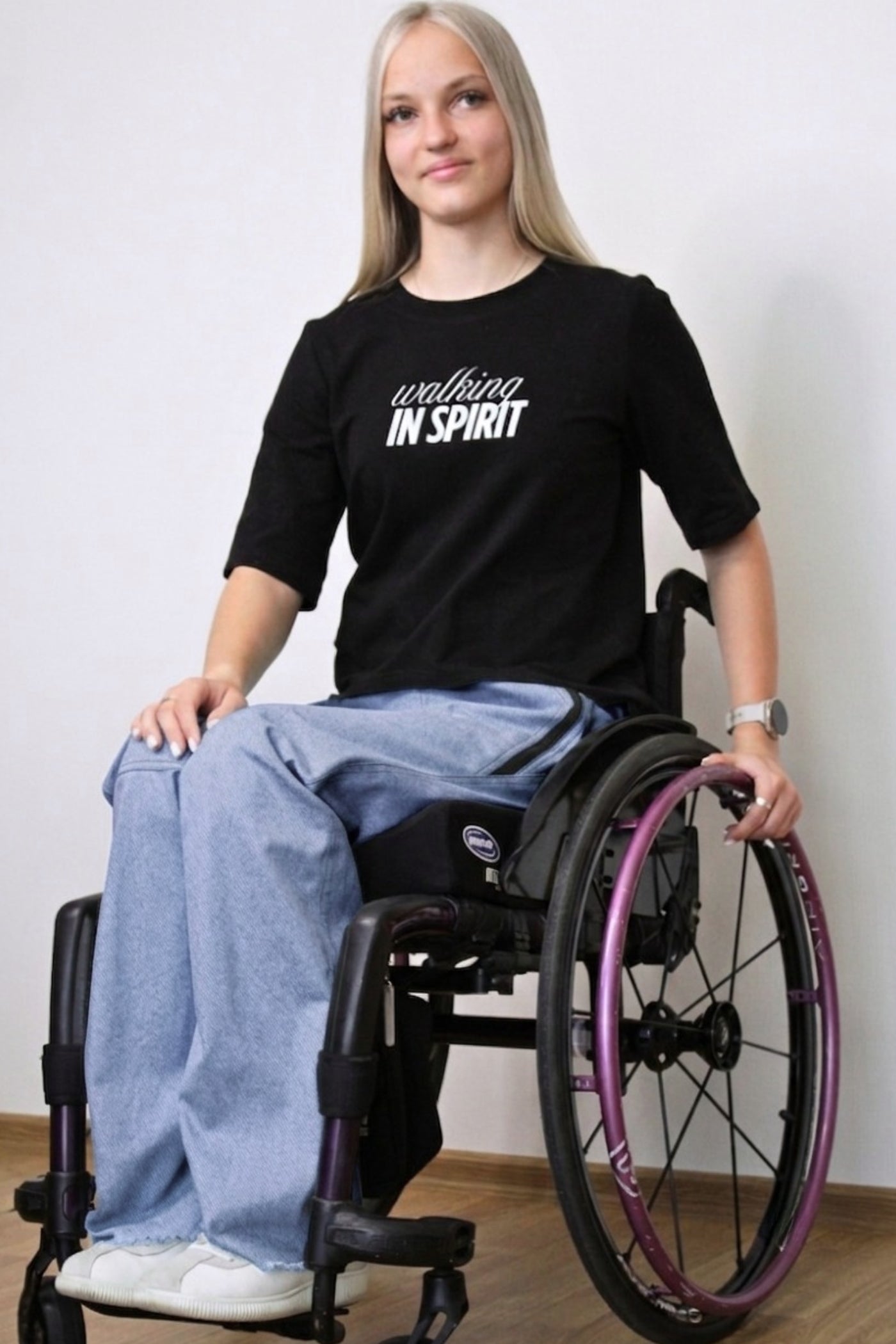 Women's wheelchair adaptive jeans with elastic waist and fun print