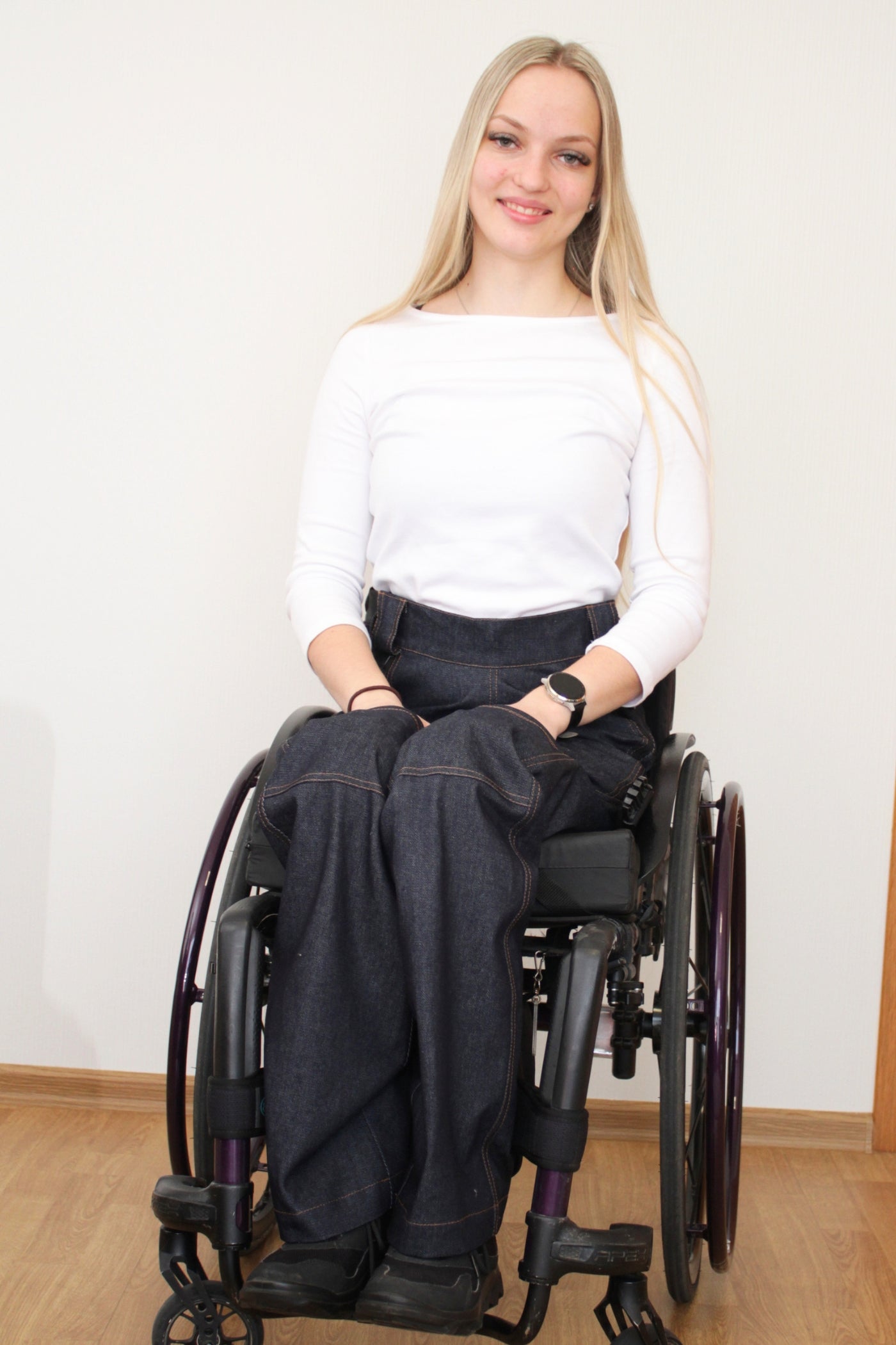 Wheelchair adaptive women’s jeans: Seated-pattern 100% cotton denim