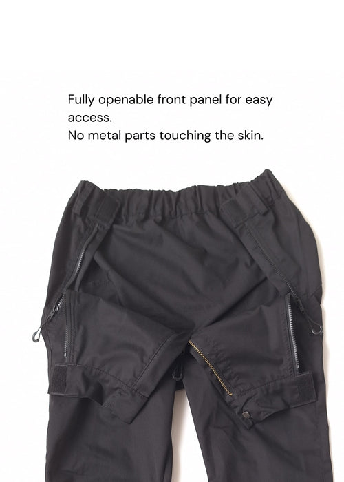Black pants without pockets, wheelchair adapted